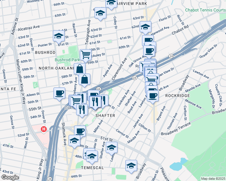map of restaurants, bars, coffee shops, grocery stores, and more near 485 Hardy Street in Oakland