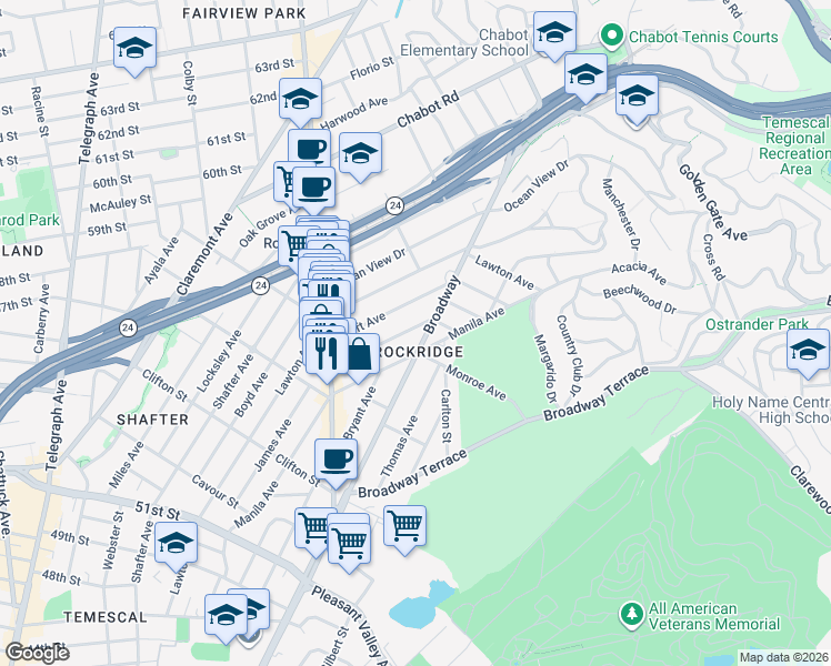 map of restaurants, bars, coffee shops, grocery stores, and more near 5559 Kales Avenue in Oakland