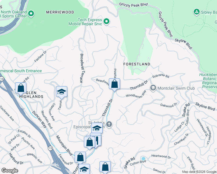 map of restaurants, bars, coffee shops, grocery stores, and more near 272 Beauforest Drive in Oakland
