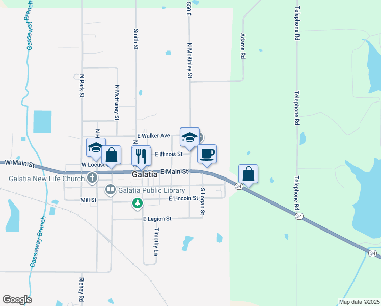 map of restaurants, bars, coffee shops, grocery stores, and more near 200 North McKinley Street in Galatia