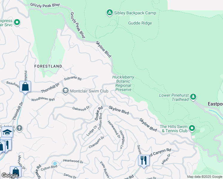 map of restaurants, bars, coffee shops, grocery stores, and more near 58 Villanova Drive in Oakland