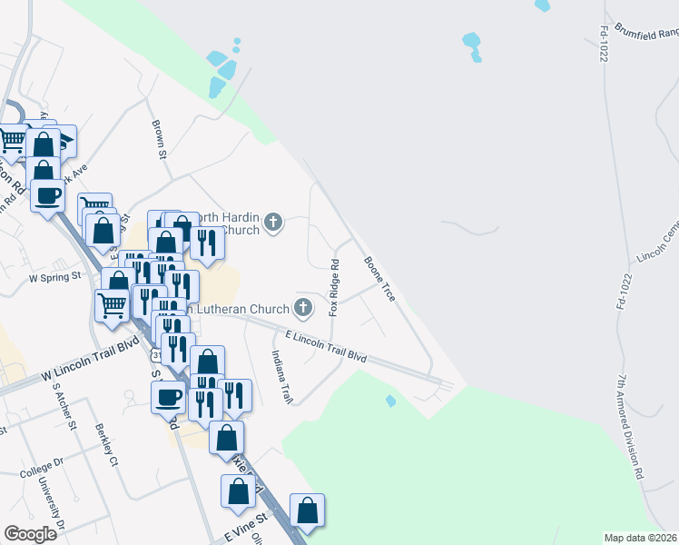 map of restaurants, bars, coffee shops, grocery stores, and more near 504 Fox Ridge Road in Radcliff