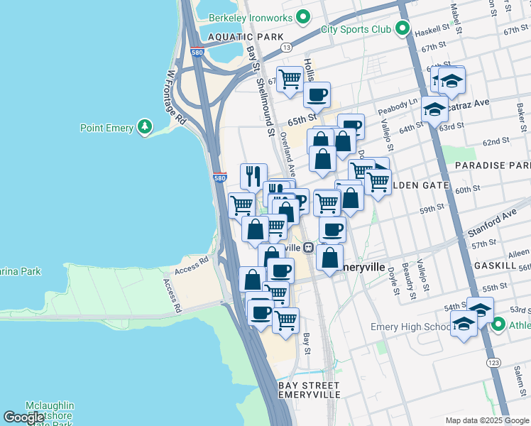 map of restaurants, bars, coffee shops, grocery stores, and more near 6202 Christie Avenue in Emeryville