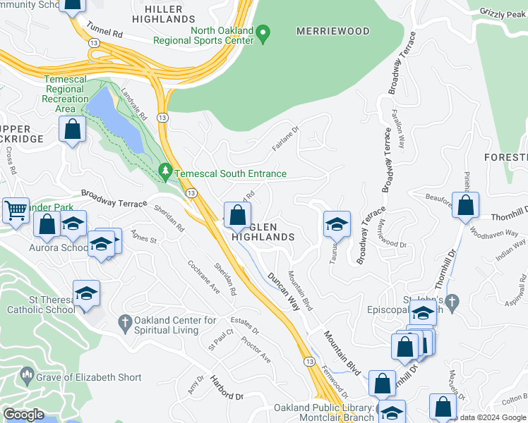 map of restaurants, bars, coffee shops, grocery stores, and more near 885 Mountain Boulevard in Oakland