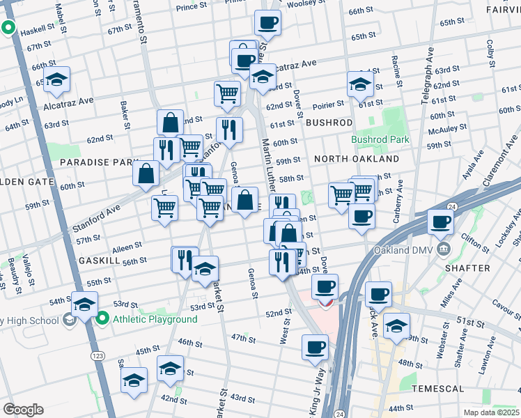 map of restaurants, bars, coffee shops, grocery stores, and more near 822 57th Street in Oakland
