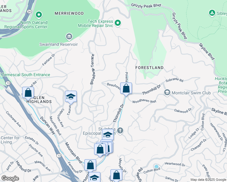map of restaurants, bars, coffee shops, grocery stores, and more near 6212 Valley View Road in Oakland
