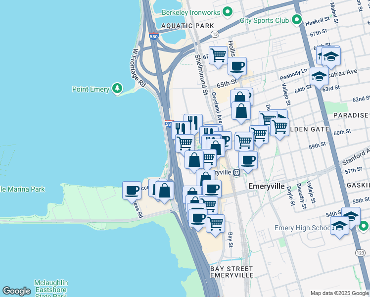 map of restaurants, bars, coffee shops, grocery stores, and more near 6363 Christie Avenue in Emeryville