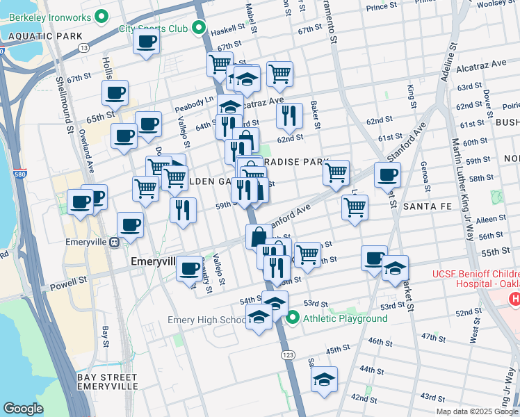 map of restaurants, bars, coffee shops, grocery stores, and more near 1097 59th Street in Oakland
