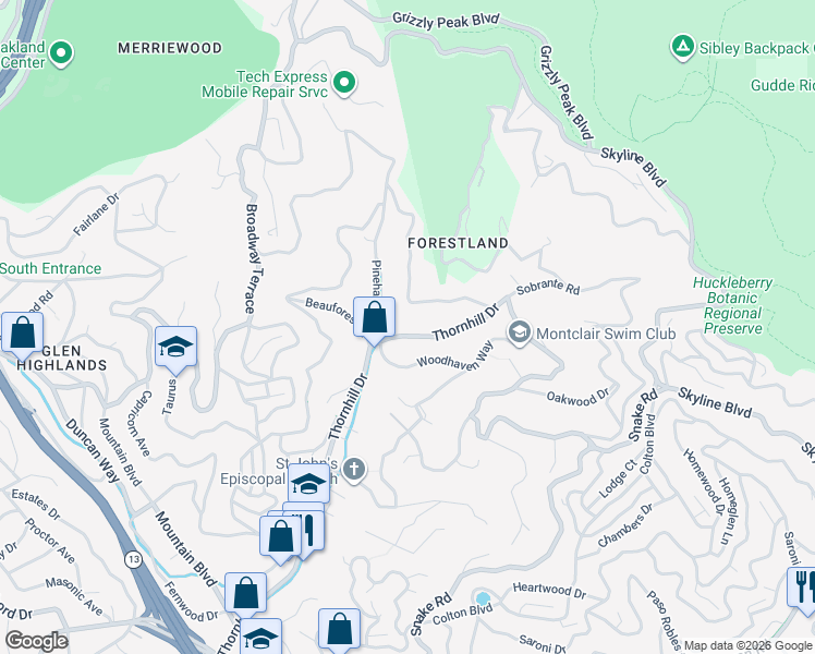 map of restaurants, bars, coffee shops, grocery stores, and more near 6333 Thornhill Drive in Oakland