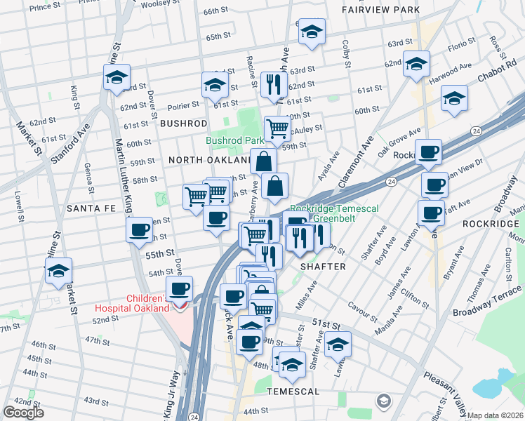 map of restaurants, bars, coffee shops, grocery stores, and more near 5643 Telegraph Avenue in Oakland