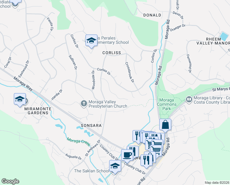 map of restaurants, bars, coffee shops, grocery stores, and more near 133 Danefield Place in Moraga