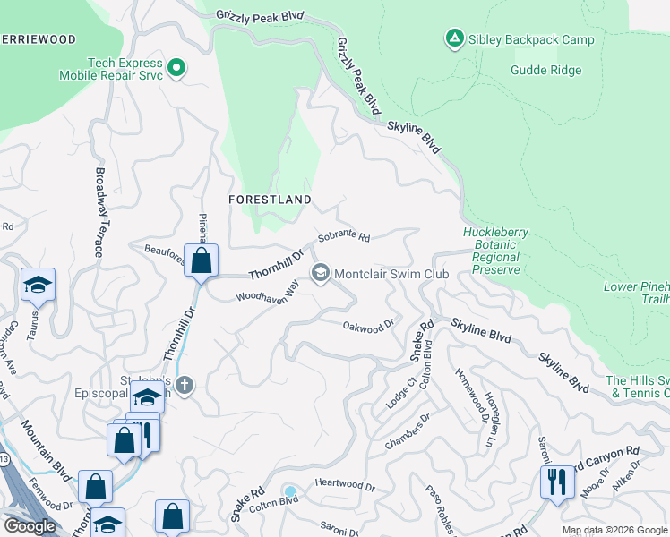 map of restaurants, bars, coffee shops, grocery stores, and more near 6609 Thornhill Drive in Oakland
