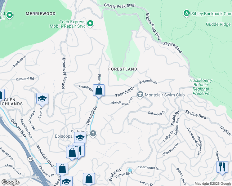 map of restaurants, bars, coffee shops, grocery stores, and more near 6381 Thornhill Drive in Oakland