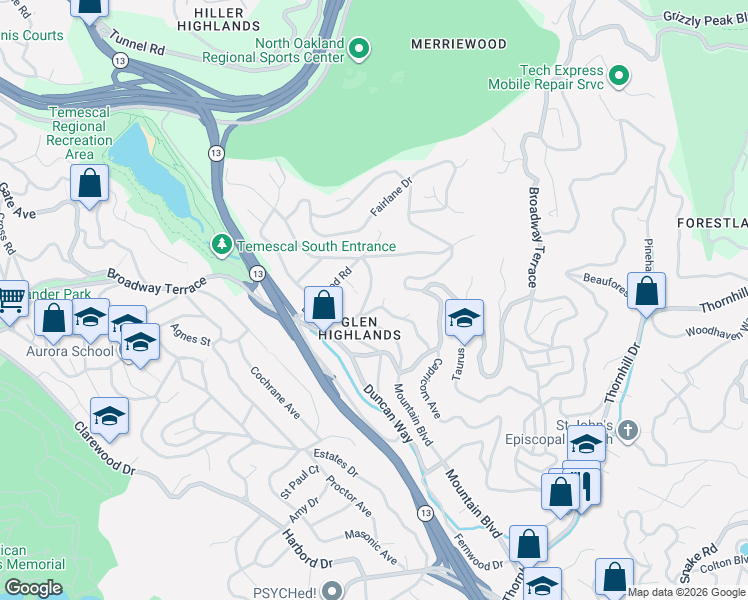 map of restaurants, bars, coffee shops, grocery stores, and more near 885 Mountain Boulevard in Oakland