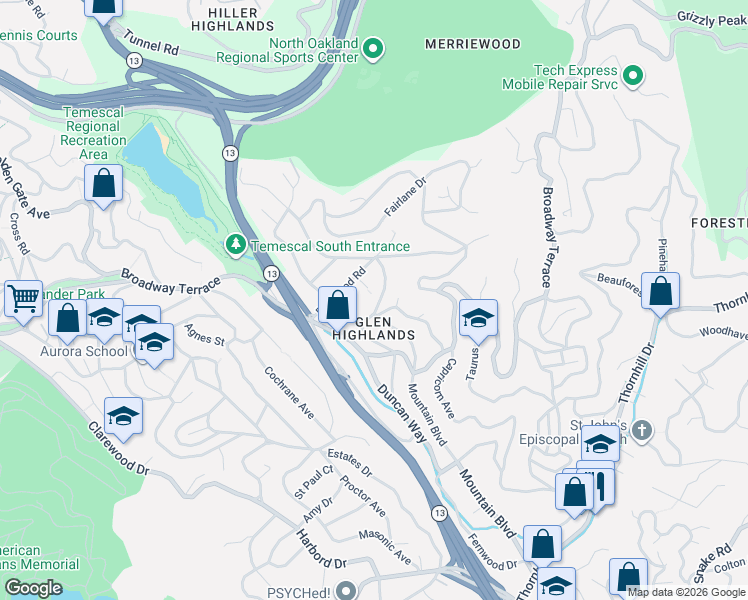 map of restaurants, bars, coffee shops, grocery stores, and more near 885 Mountain Boulevard in Oakland