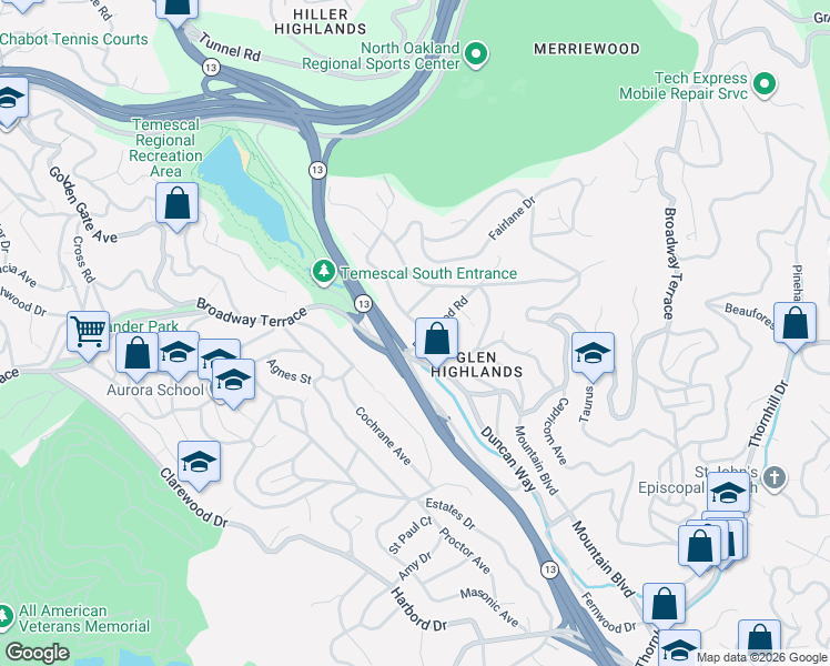 map of restaurants, bars, coffee shops, grocery stores, and more near 709 Caldwell Road in Oakland