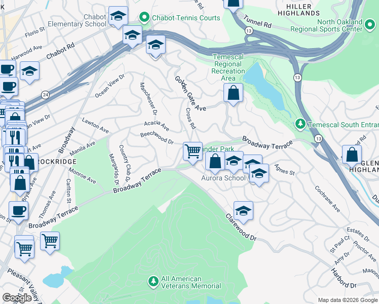 map of restaurants, bars, coffee shops, grocery stores, and more near 5932 Ostrander Road in Oakland