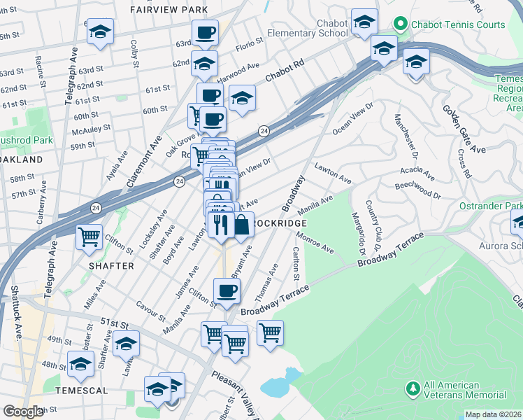 map of restaurants, bars, coffee shops, grocery stores, and more near in Oakland