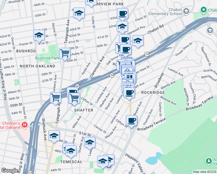 map of restaurants, bars, coffee shops, grocery stores, and more near in Oakland