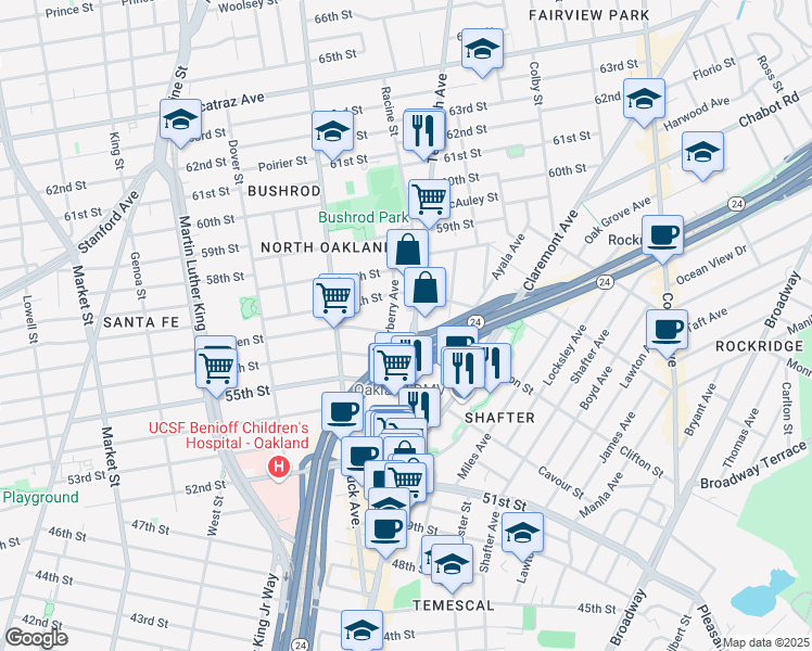 map of restaurants, bars, coffee shops, grocery stores, and more near 5627 Telegraph Avenue in Oakland