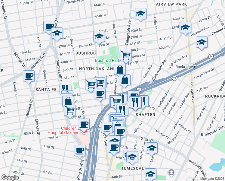 map of restaurants, bars, coffee shops, grocery stores, and more near 562 Aileen Street in Oakland
