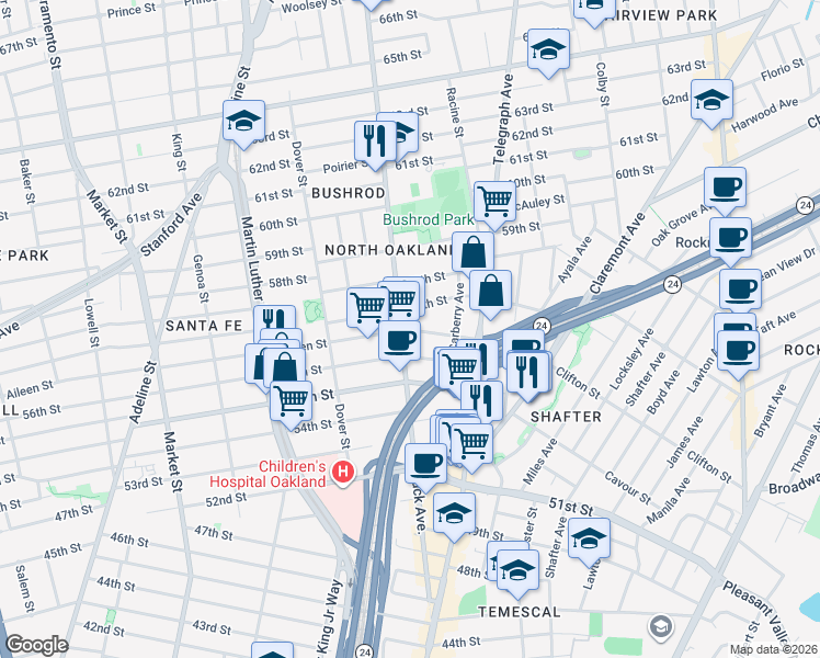 map of restaurants, bars, coffee shops, grocery stores, and more near in Oakland