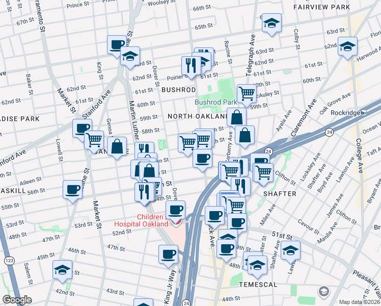 map of restaurants, bars, coffee shops, grocery stores, and more near 662 Aileen Street in Oakland