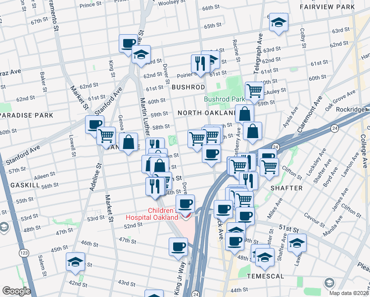 map of restaurants, bars, coffee shops, grocery stores, and more near 662 Aileen Street in Oakland
