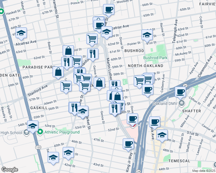 map of restaurants, bars, coffee shops, grocery stores, and more near 822 57th Street in Oakland