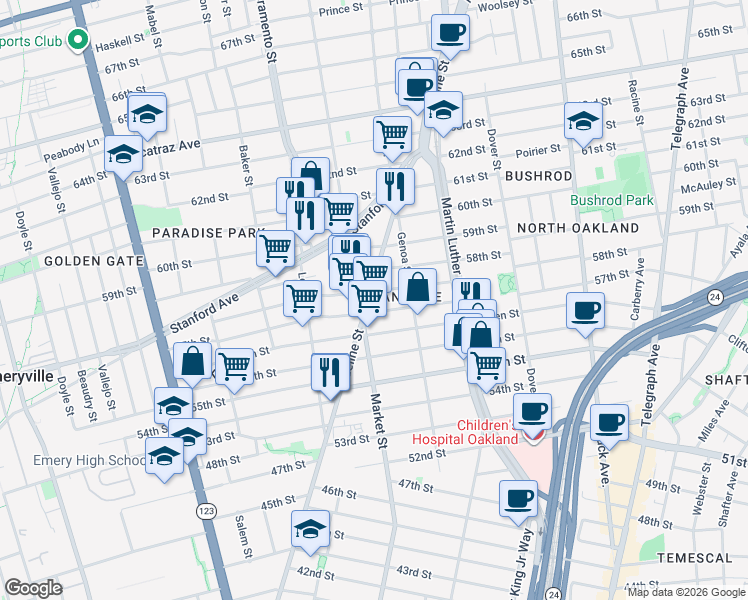 map of restaurants, bars, coffee shops, grocery stores, and more near 5716 Adeline Street in Oakland
