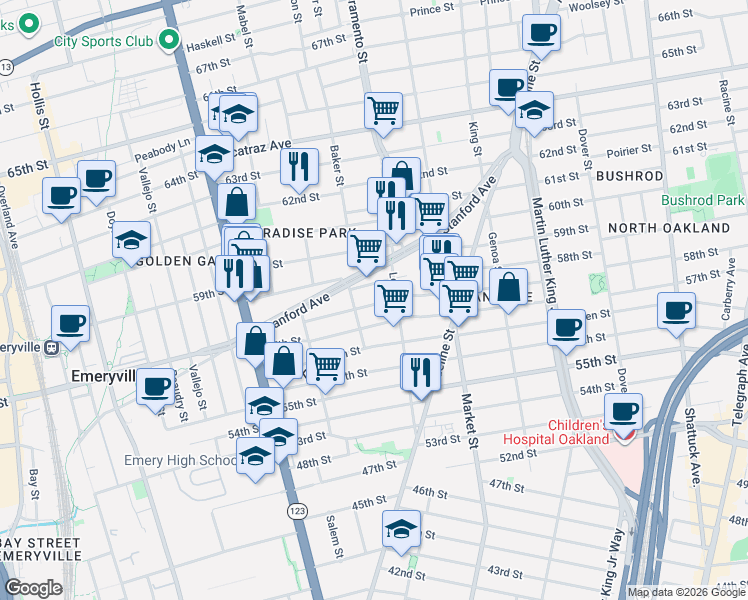 map of restaurants, bars, coffee shops, grocery stores, and more near in Oakland