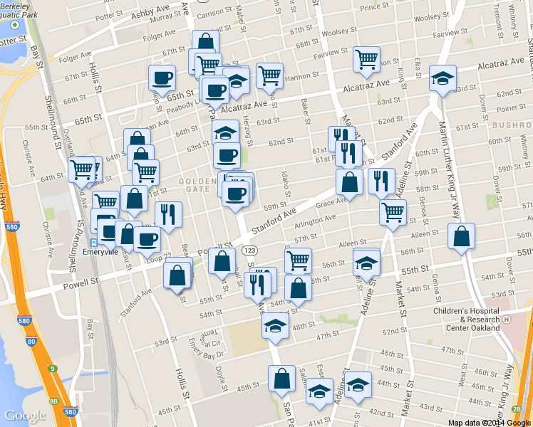 map of restaurants, bars, coffee shops, grocery stores, and more near 1060 Stanford Avenue in Oakland