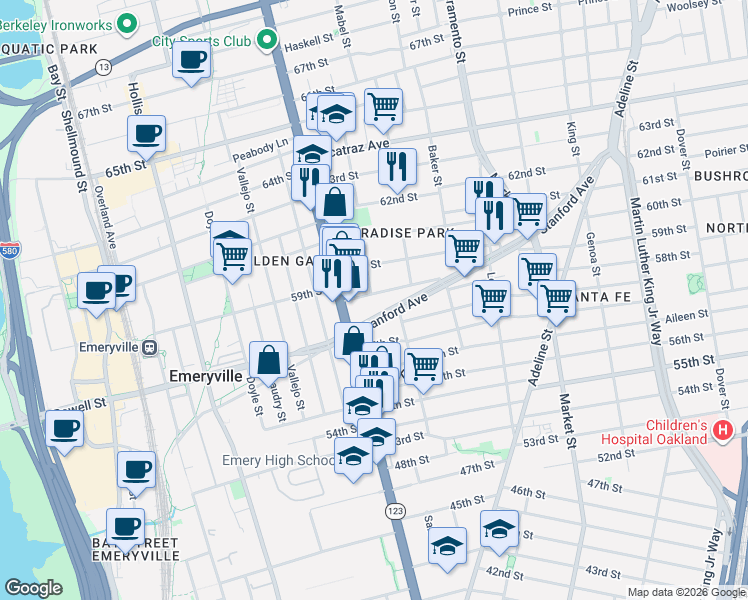 map of restaurants, bars, coffee shops, grocery stores, and more near 1060 Stanford Avenue in Oakland