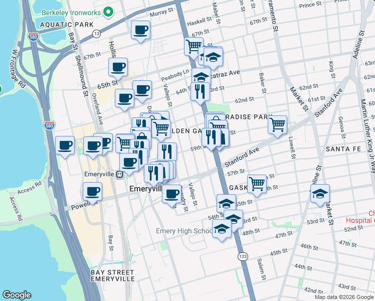 map of restaurants, bars, coffee shops, grocery stores, and more near 5898 Vallejo Street in Oakland