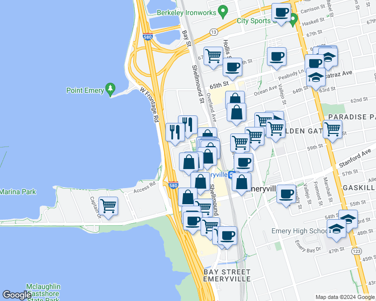 map of restaurants, bars, coffee shops, grocery stores, and more near 6202 Christie Avenue in Emeryville