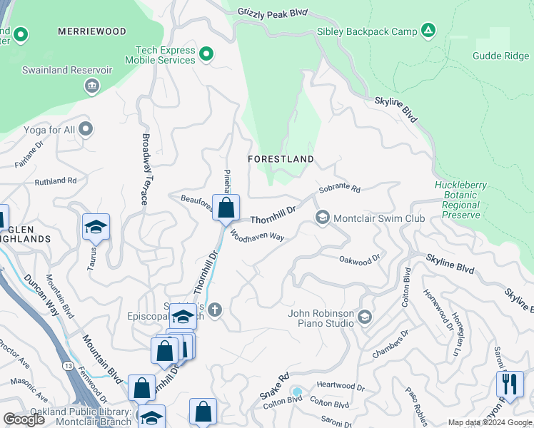 map of restaurants, bars, coffee shops, grocery stores, and more near 6381 Thornhill Drive in Oakland