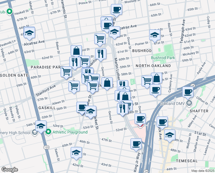 map of restaurants, bars, coffee shops, grocery stores, and more near 5706 Genoa Street in Oakland
