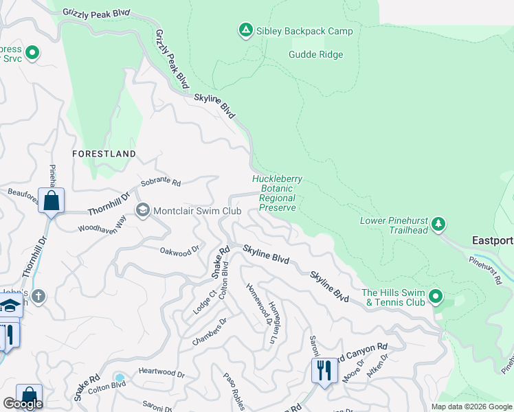 map of restaurants, bars, coffee shops, grocery stores, and more near 76 Villanova Drive in Oakland