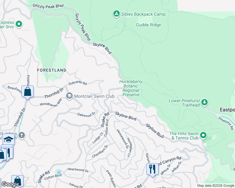 map of restaurants, bars, coffee shops, grocery stores, and more near 58 Villanova Drive in Oakland