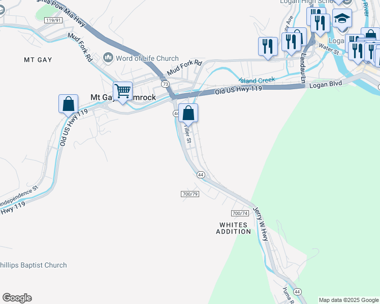 map of restaurants, bars, coffee shops, grocery stores, and more near 625 Tiller Street in Logan