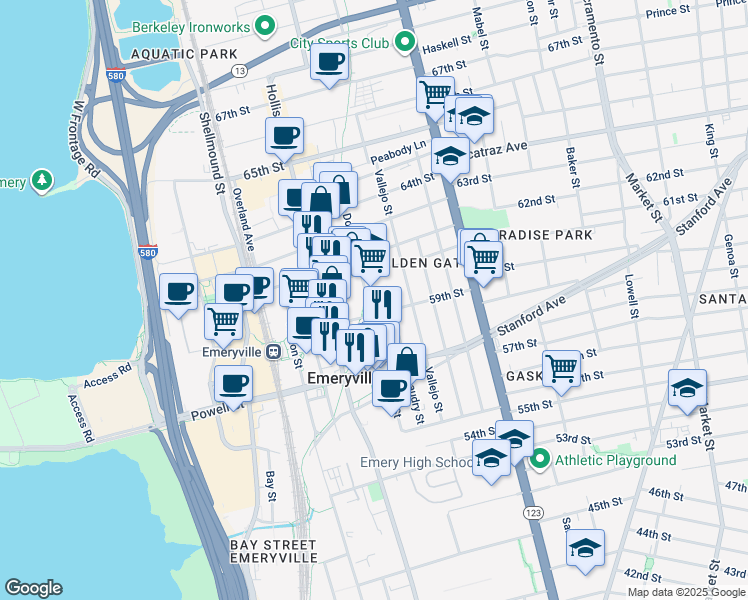 map of restaurants, bars, coffee shops, grocery stores, and more near 1290 59th Street in Emeryville