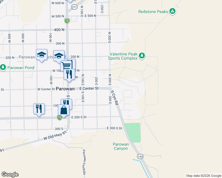 map of restaurants, bars, coffee shops, grocery stores, and more near 5 S Canyon Rd in Parowan