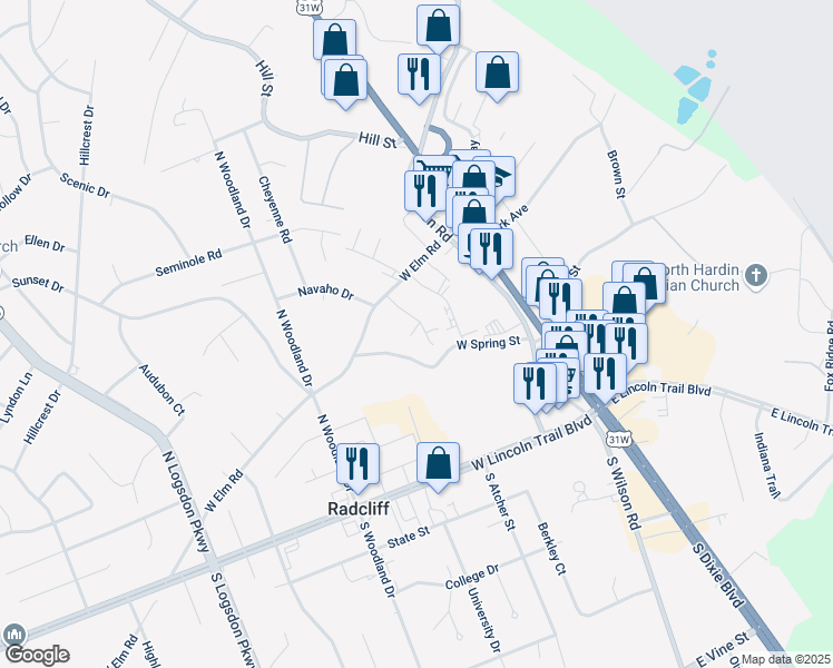 map of restaurants, bars, coffee shops, grocery stores, and more near 430 Wood Creek Drive in Radcliff