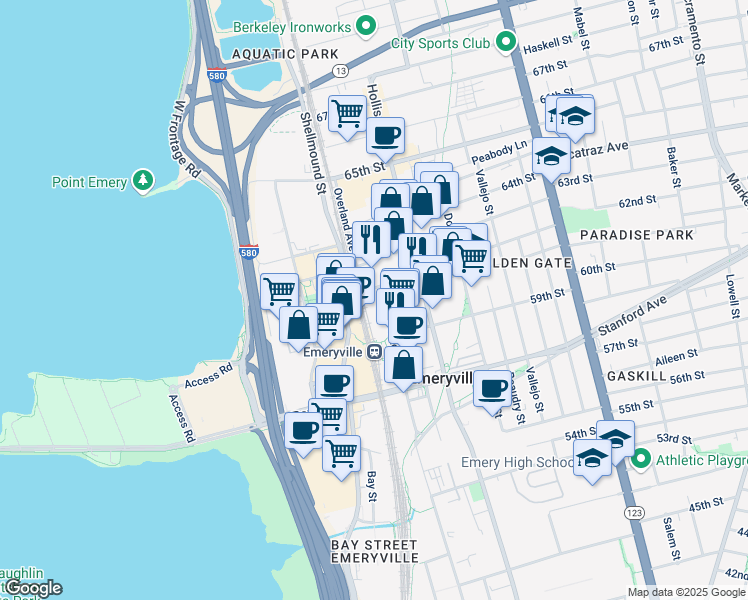 map of restaurants, bars, coffee shops, grocery stores, and more near 1585 62nd Street in Emeryville