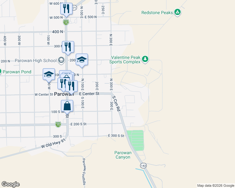 map of restaurants, bars, coffee shops, grocery stores, and more near 5 South Canyon Road in Parowan