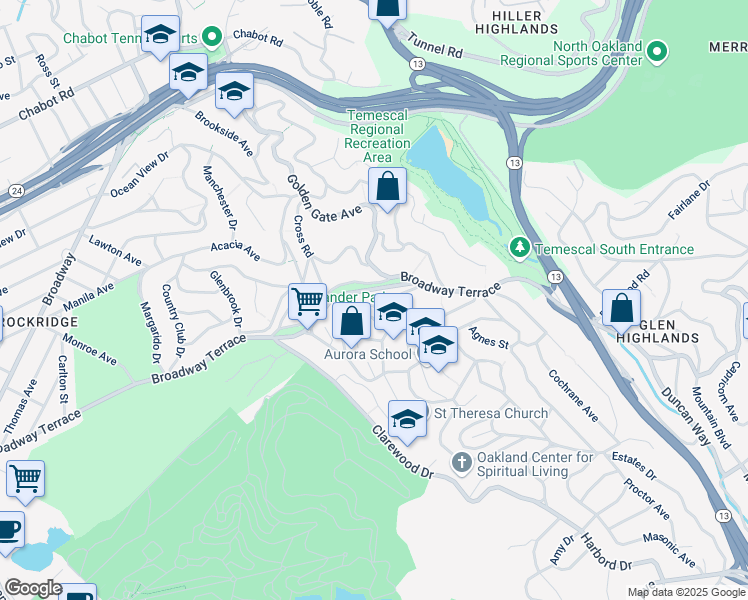 map of restaurants, bars, coffee shops, grocery stores, and more near 127 Buckeye Avenue in Oakland