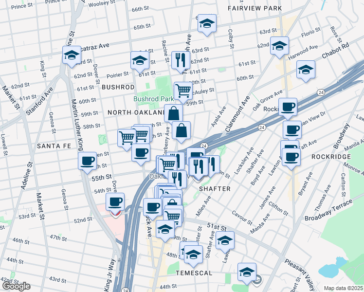 map of restaurants, bars, coffee shops, grocery stores, and more near 5661 Vicente Street in Oakland