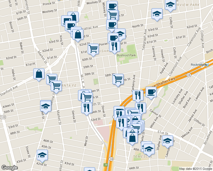 map of restaurants, bars, coffee shops, grocery stores, and more near 662 Aileen Street in Oakland