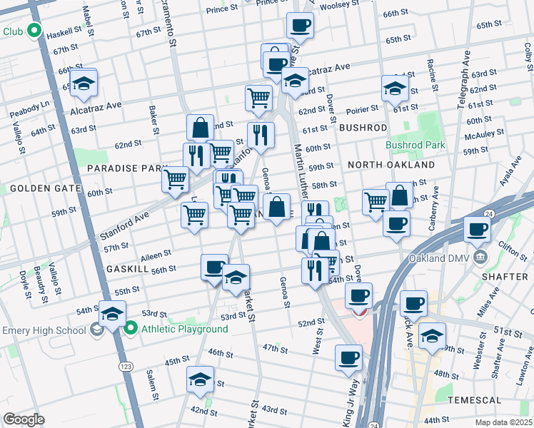 map of restaurants, bars, coffee shops, grocery stores, and more near 5707 Genoa Street in Oakland