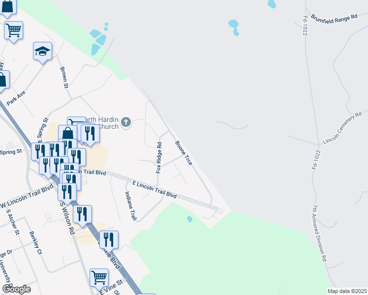 map of restaurants, bars, coffee shops, grocery stores, and more near 237-291 Boone Trce in Radcliff